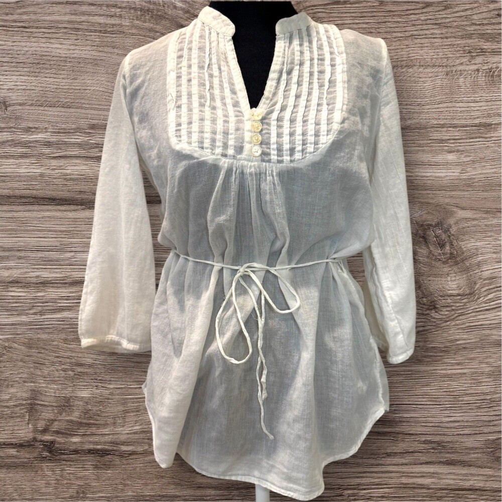 Old Navy Women’s S Small Peasant Top Blouse Ivory Tie Belt V- Neck Button Detail